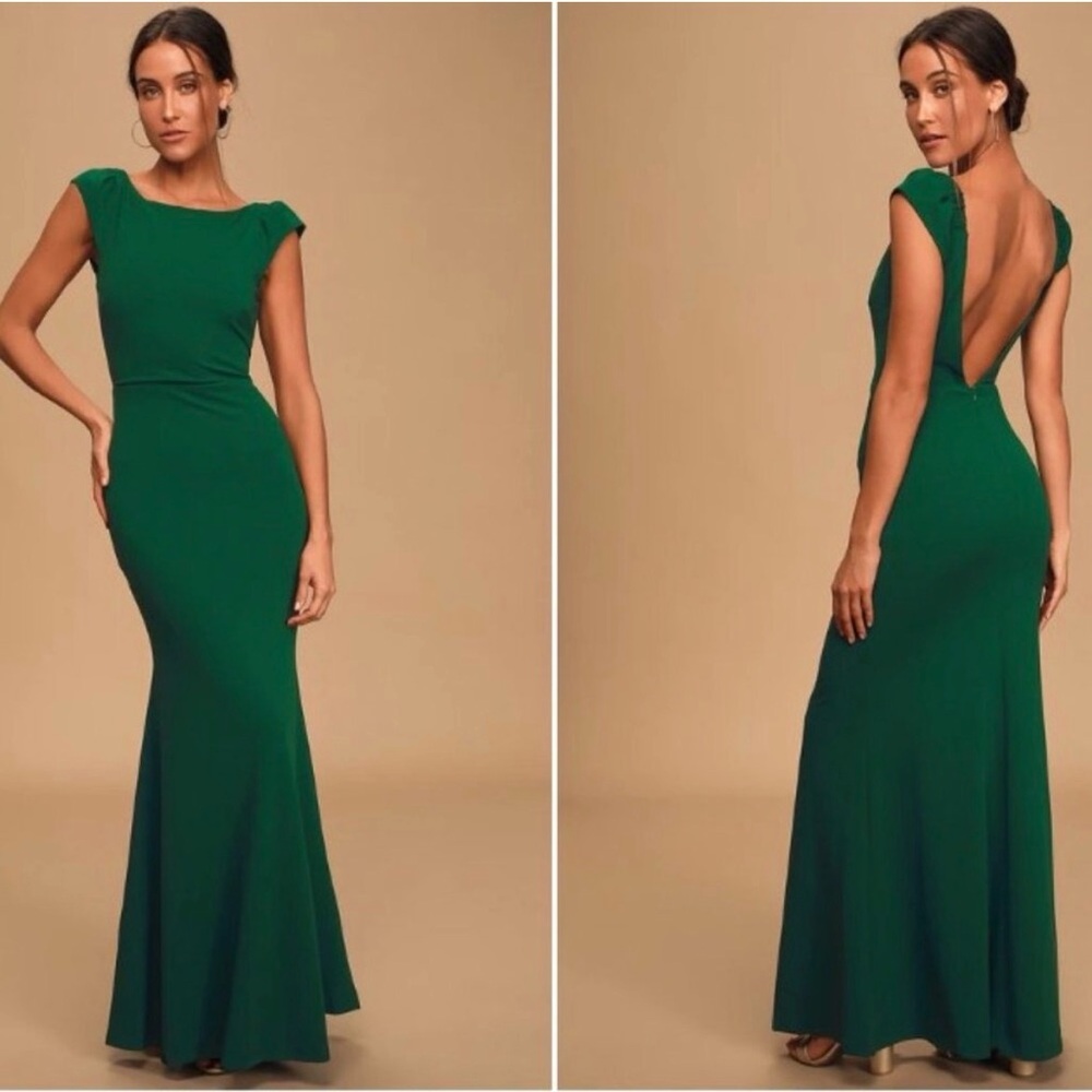 Lulus Green Maxi Dress Mermaid Open Back Cap Sleeves NWT Size Medium Holidays